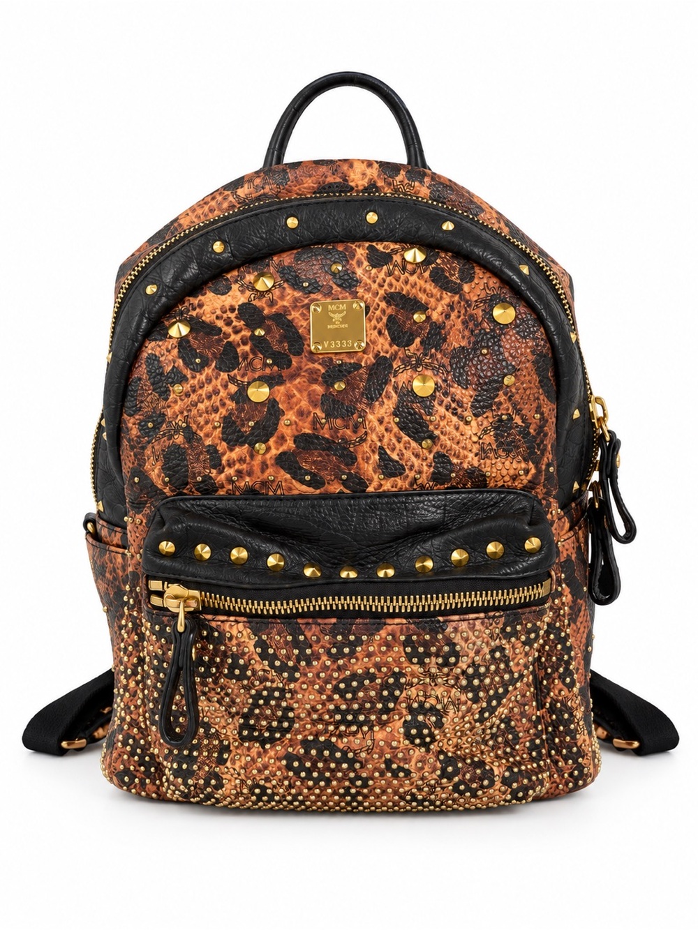 MCM Leopard-Print Studded Mini Backpack in Brown and Black